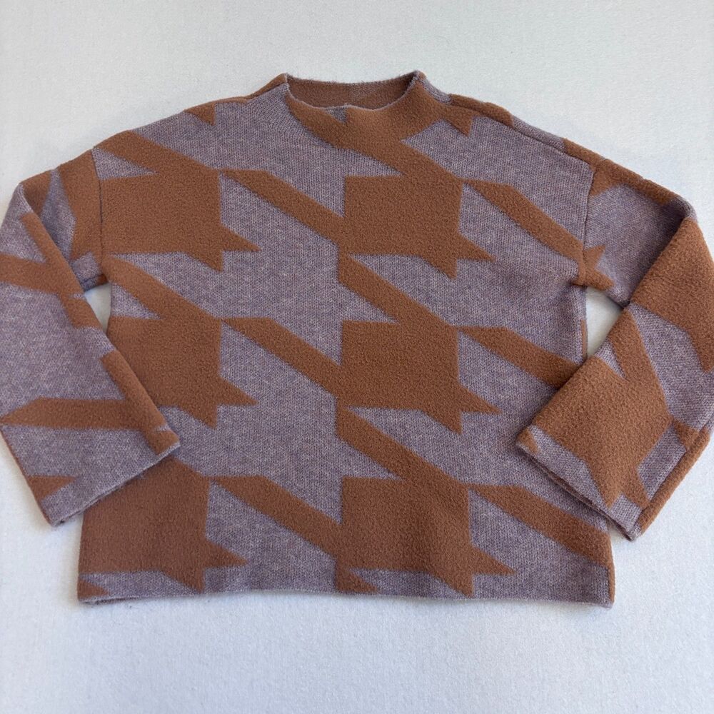 Ann Taylor Houndstooth Jacquard Mock Neck Sweater Women's M Oversized Lillac - Picture 5 of 10